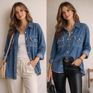 First Love Jean Raw Hem Button Down Shirt